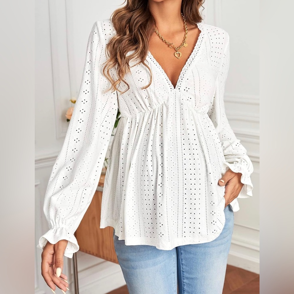 Women's Maternity Eyelet Embroidery Peplum Tee V Neck Ruffle Hem Top